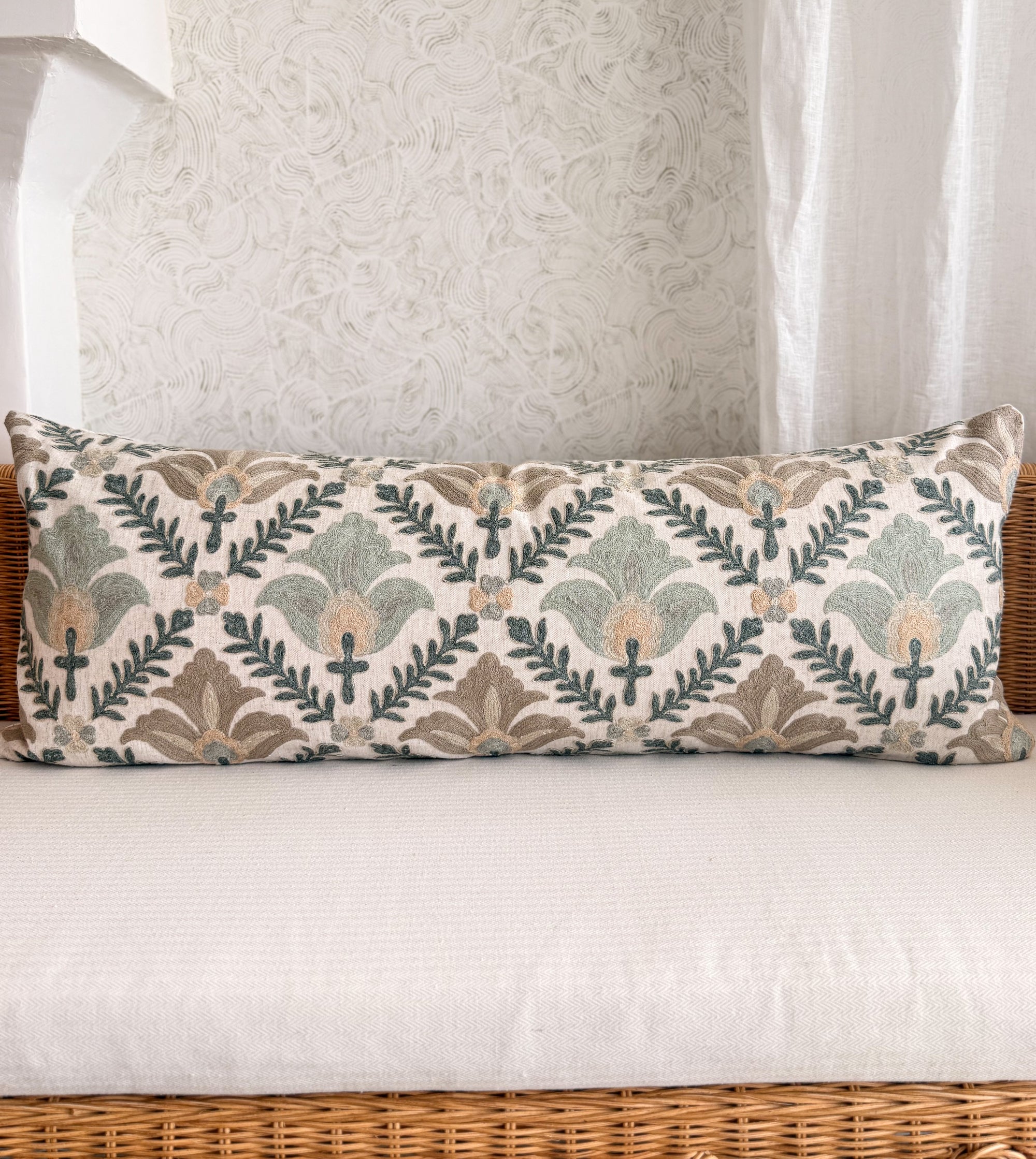Montecito Floral Embroidered Crewel Pillow Cover - Mist
