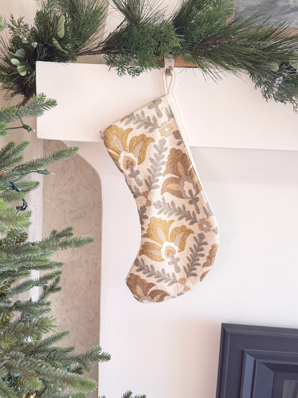 Montecito Floral Embroidered Crewel Stocking - Golden