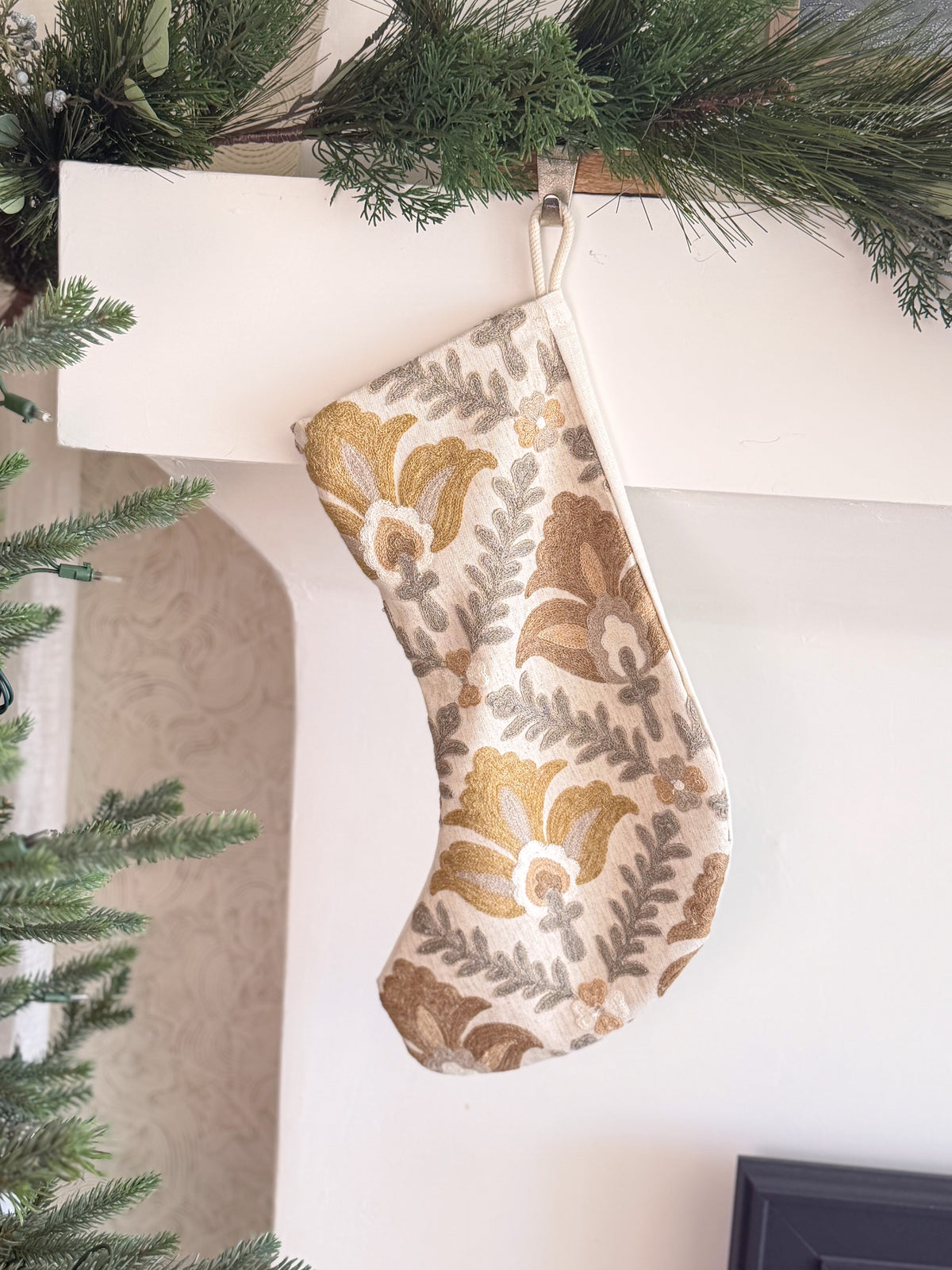 Montecito Floral Embroidered Crewel Stocking - Golden