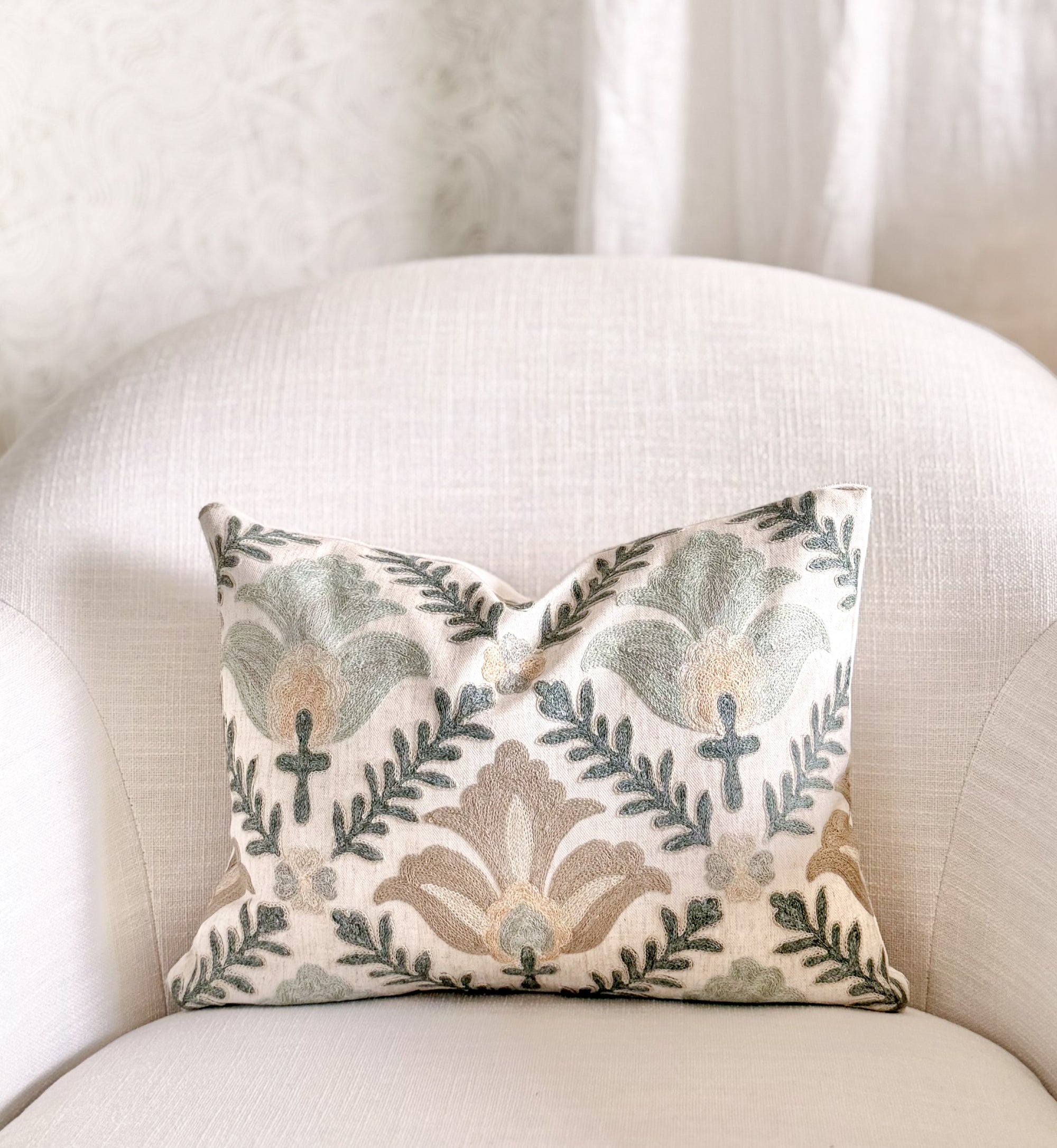 Montecito Embroidered Crewel Pillow Cover - Mist