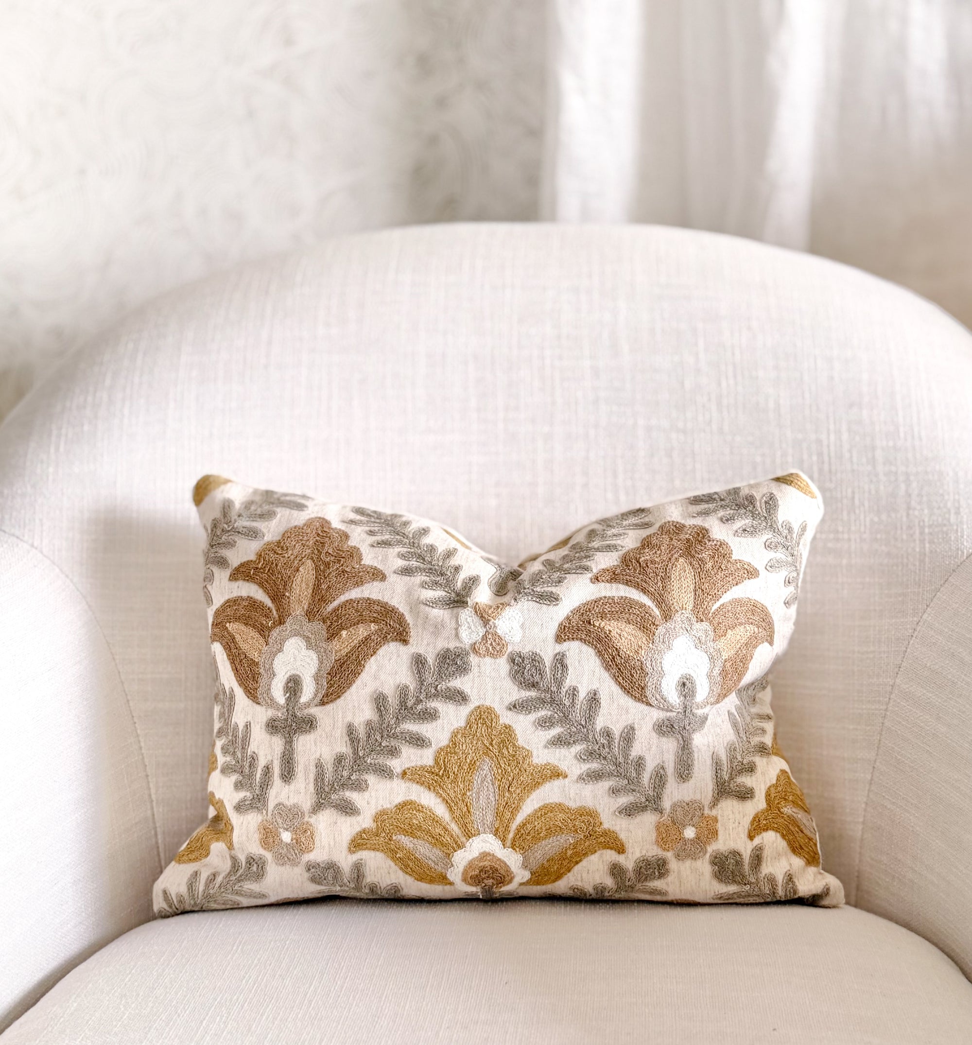Montecito Embroidered Crewel Pillow Cover - Golden