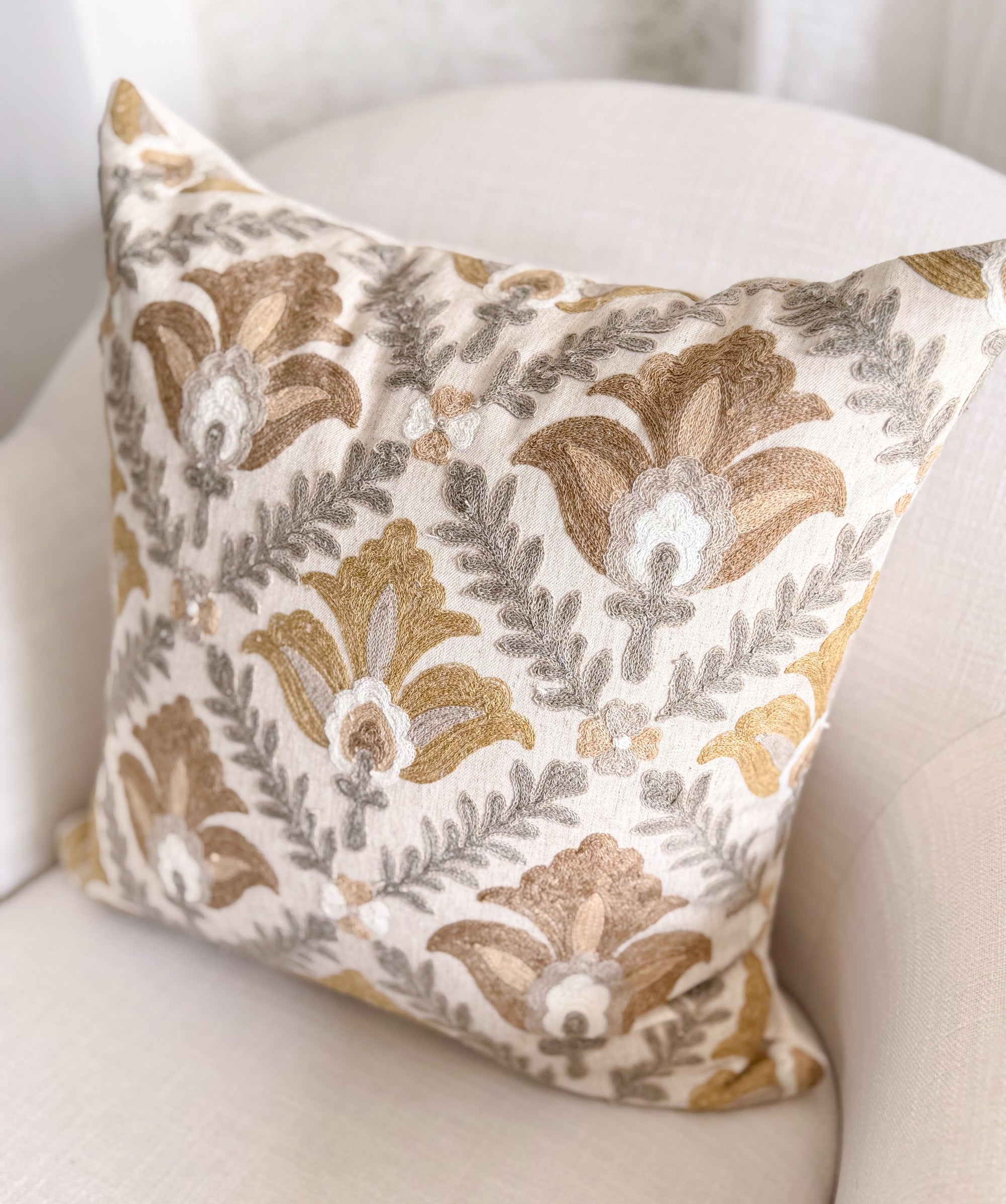Montecito Embroidered Crewel Pillow Cover - Golden