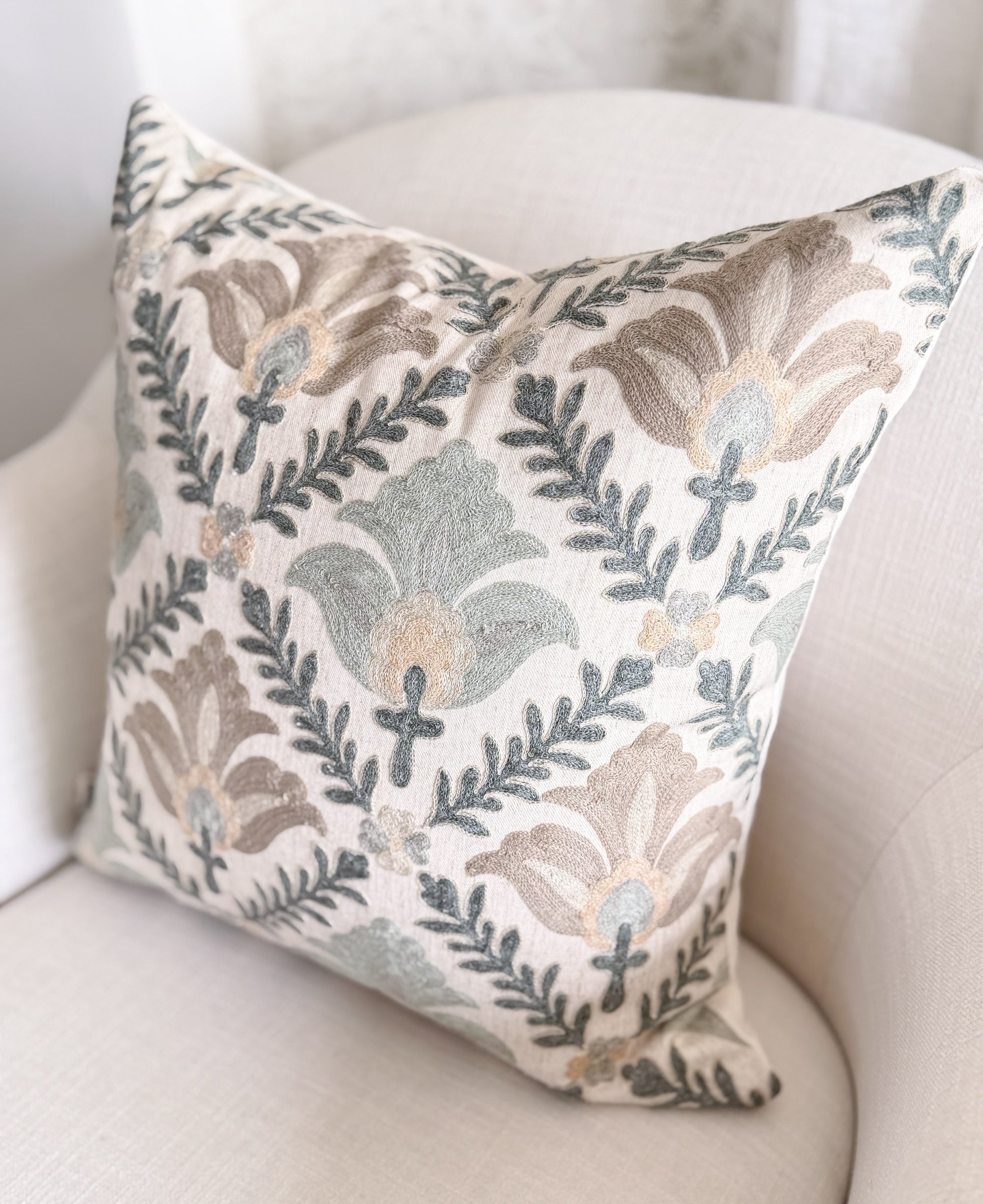 Montecito Embroidered Crewel Pillow Cover - Mist