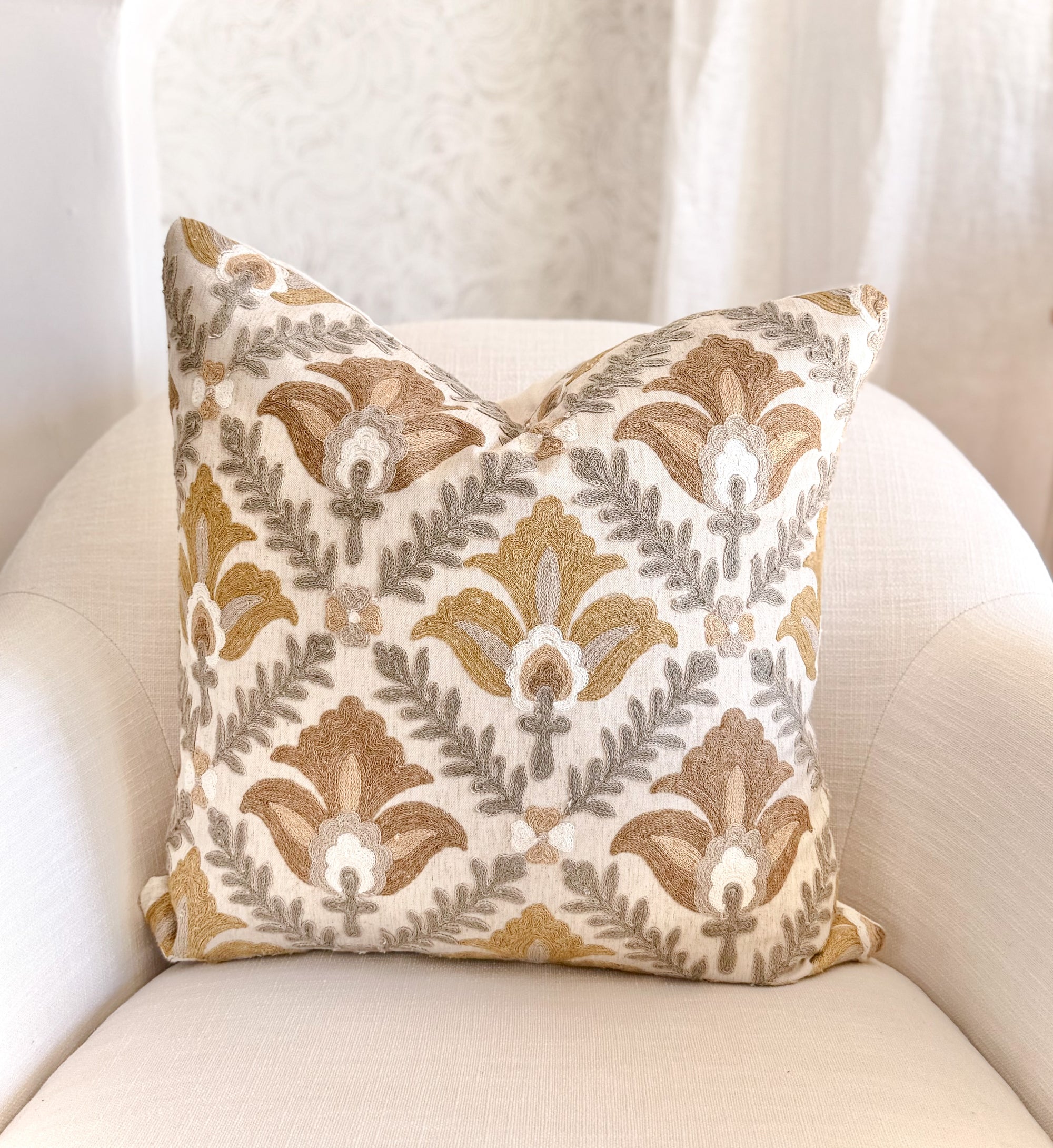 Montecito Embroidered Crewel Pillow Cover - Golden