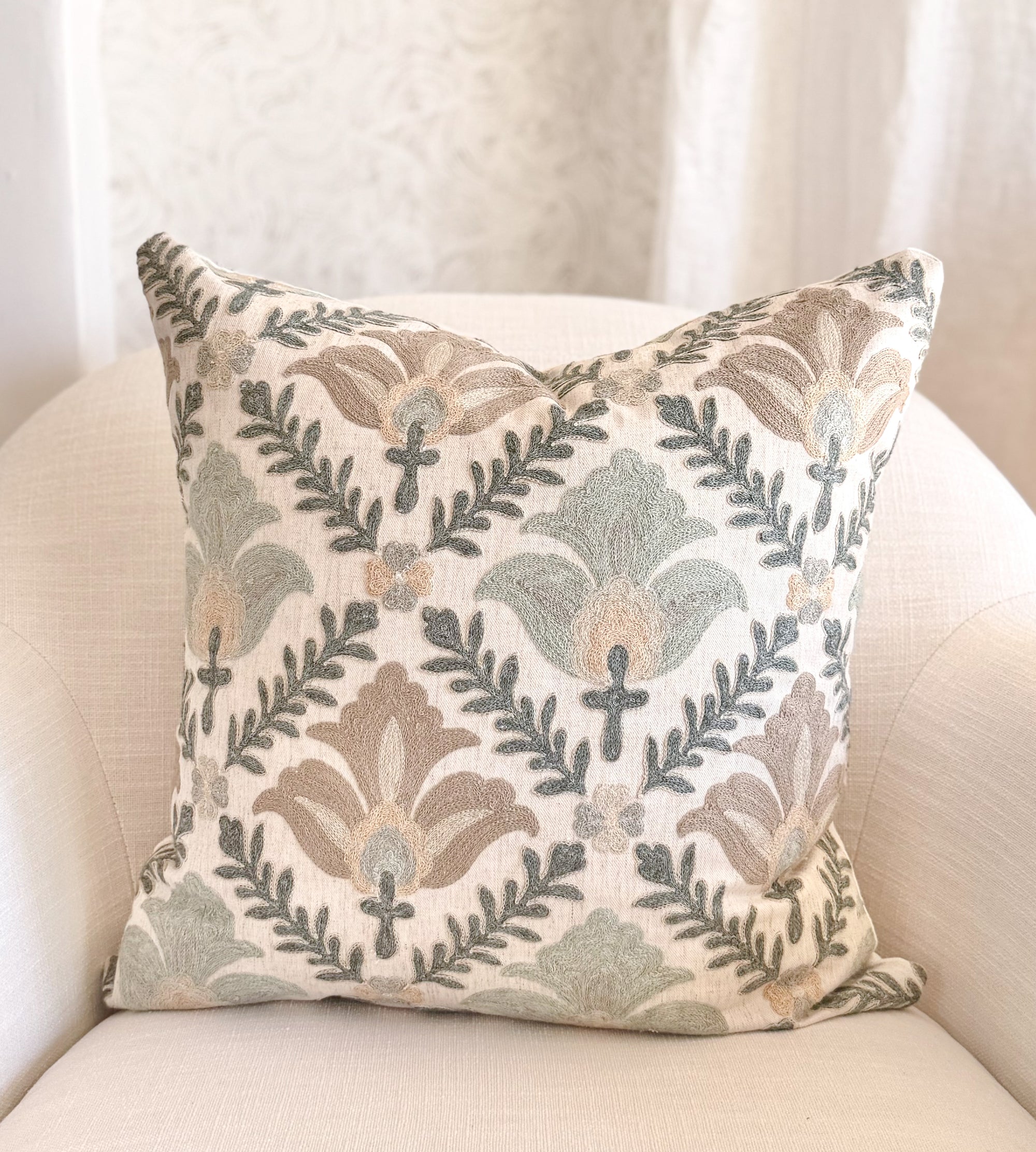 Montecito Embroidered Crewel Pillow Cover - Mist